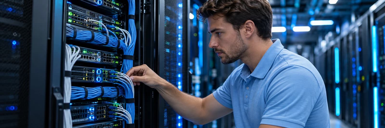 Infrastructure technician inspecting connections in a server room