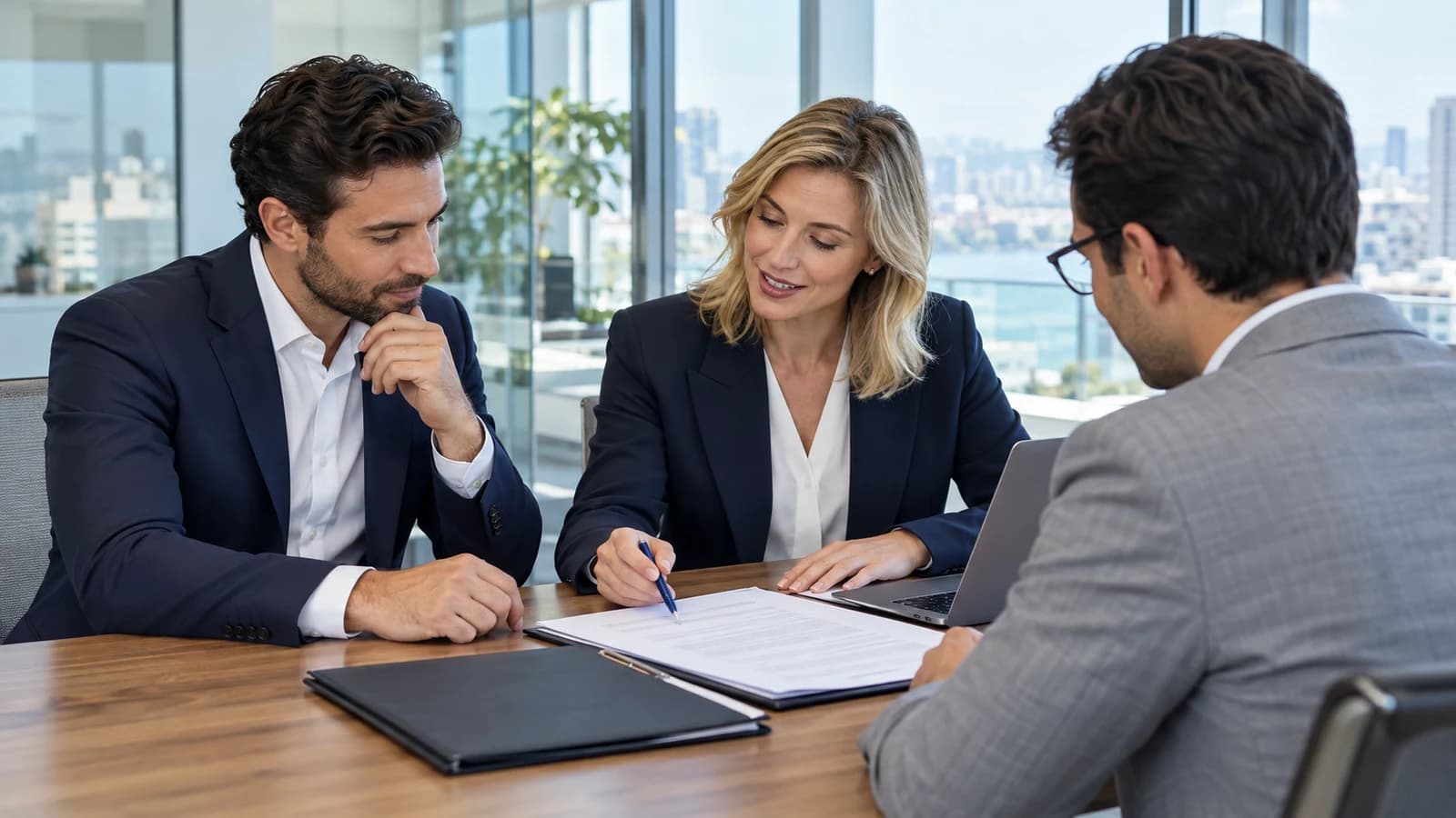 Legal and business colleagues reviewing contract terms together at a desk