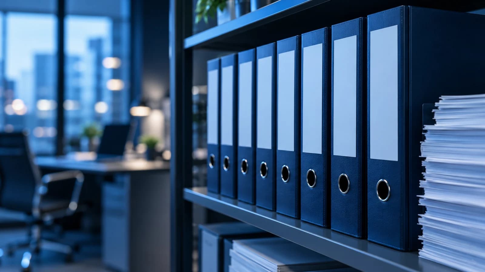 Organized navy document binders in a modern office repository