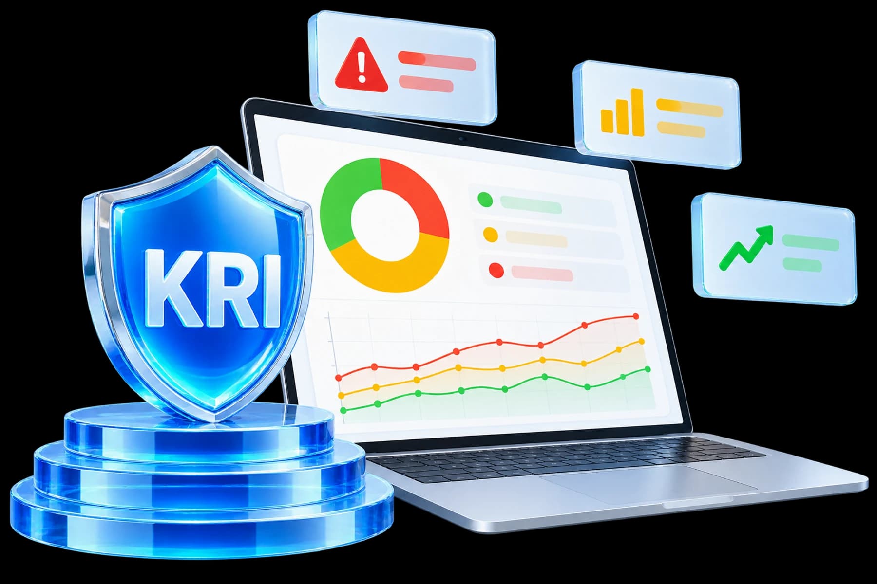 Three-dimensional KRI shield and laptop with risk indicator dashboard