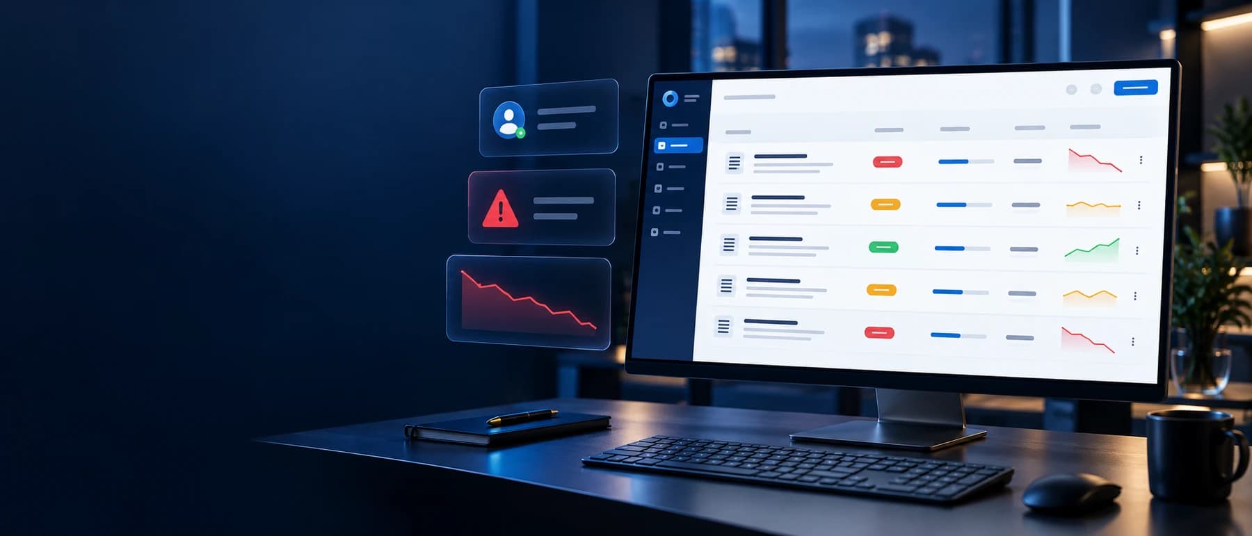 Risk-owner dashboard on a desktop monitor in a blue-lit office