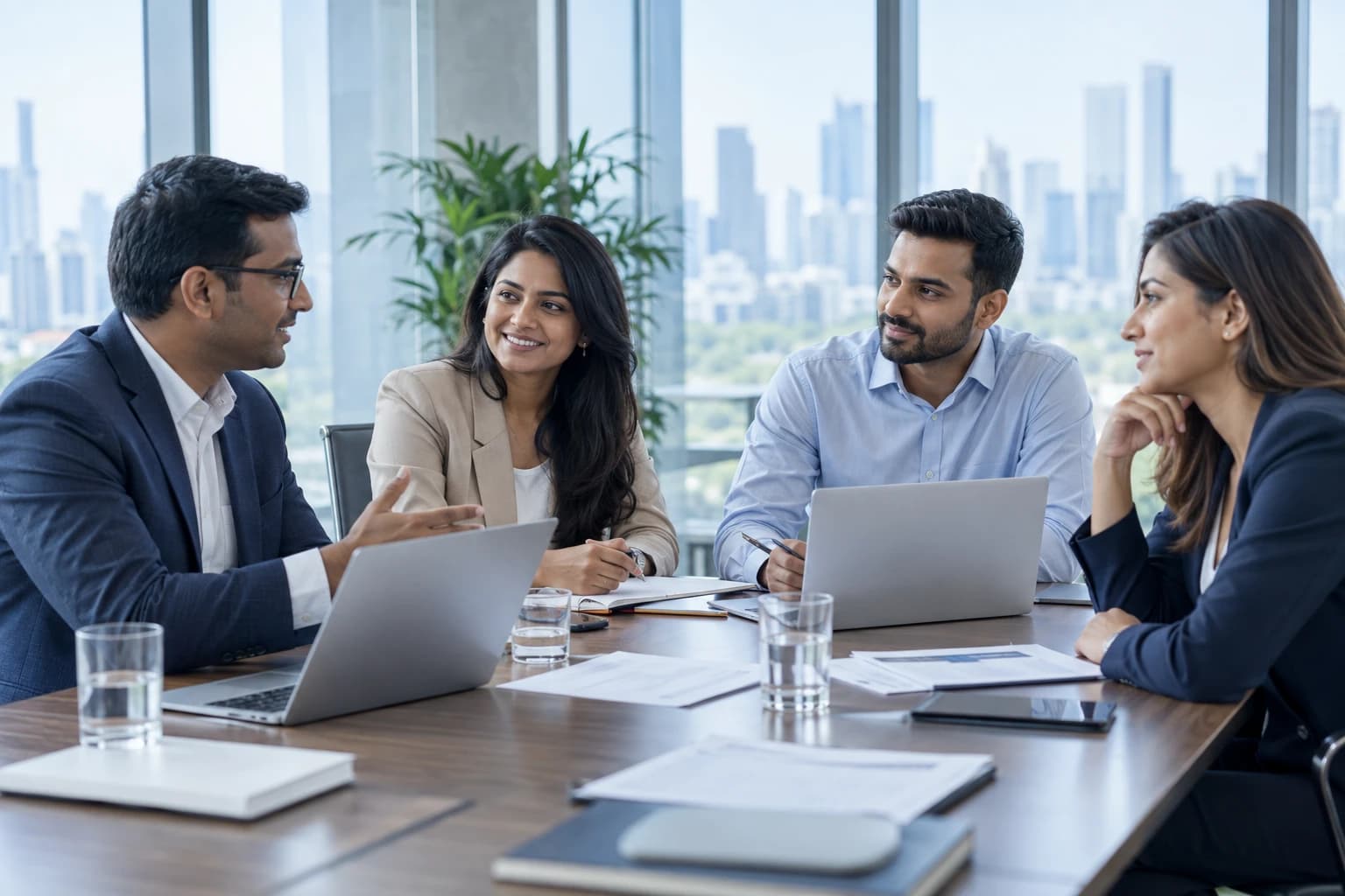 Four colleagues discuss vendor risk at a conference table