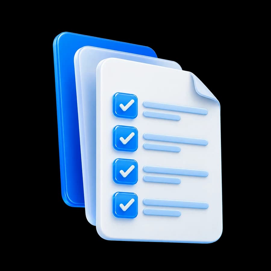 Three-dimensional framework assessment checklist with blue checked requirements