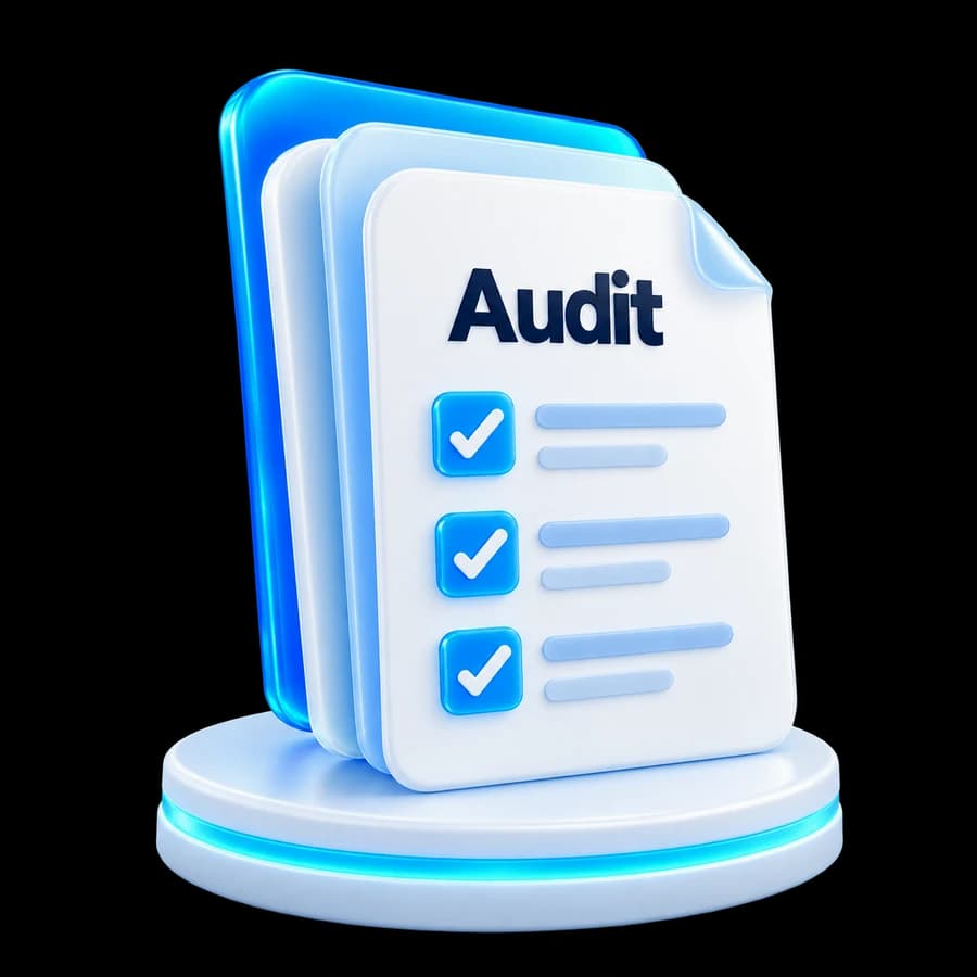 Three-dimensional audit checklist documents on a blue illuminated pedestal