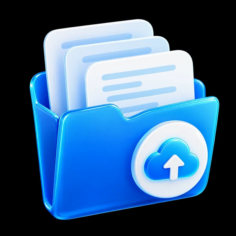 Three-dimensional evidence folder with organized documents and an upload badge