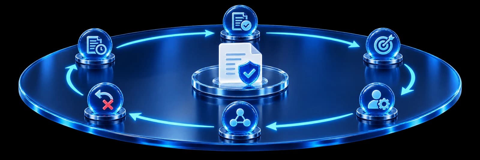 Six connected consent lifecycle stages around a protected consent record