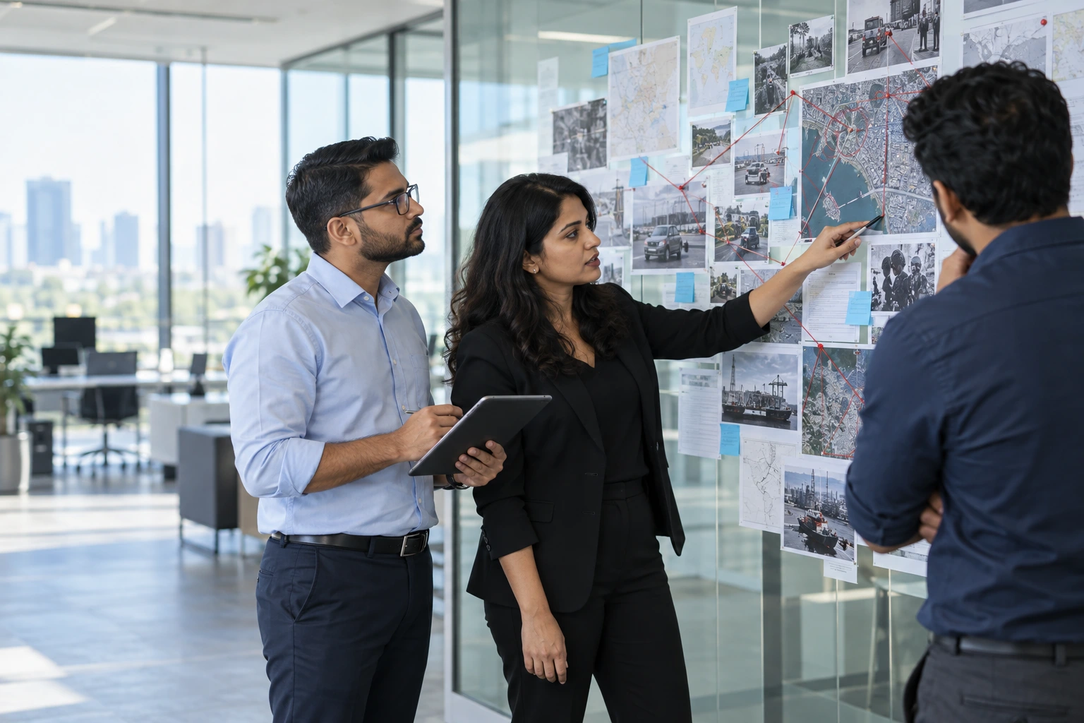 Security analysts reviewing source evidence together on an investigation board
