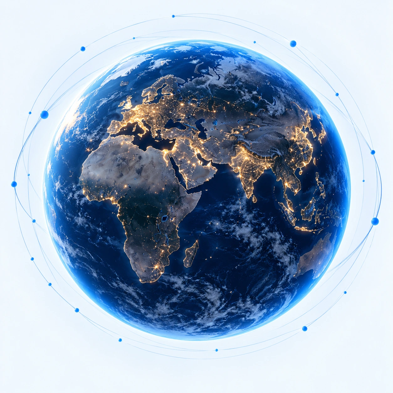Blue illuminated Earth surrounded by monitoring orbits